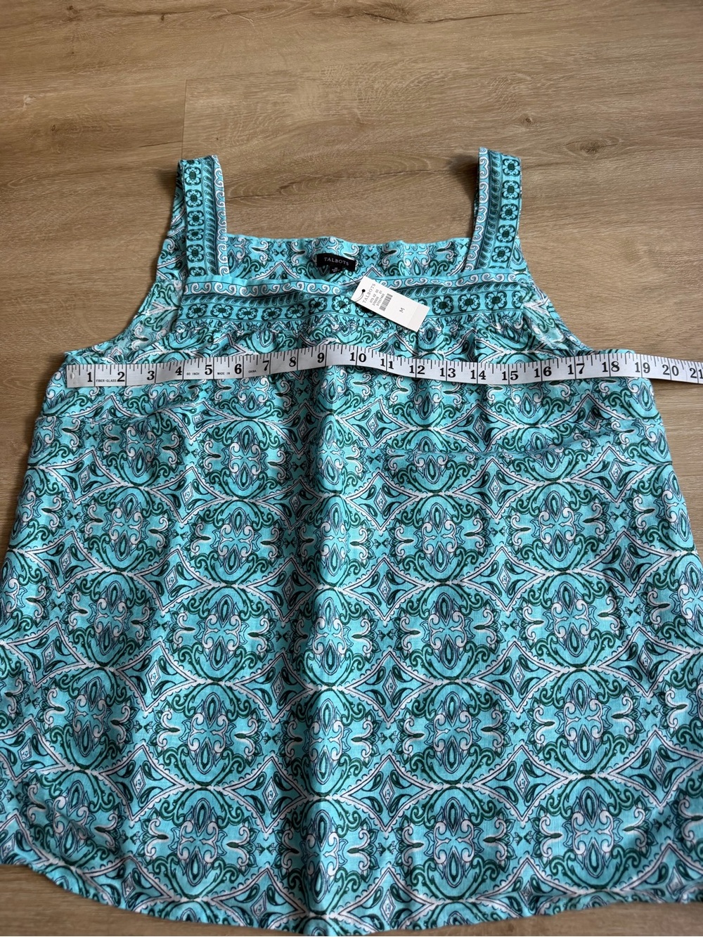Talbots Linen Sleeveless Shirt Womens M Ocean Teal Geometric Pattern NWT - Picture 3 of 7